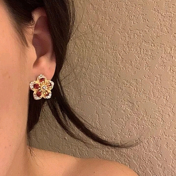 💖 2/$30 Womens boho Floral Rhinestone red gold elegant Stud cocktail Earrings - Picture 11 of 15